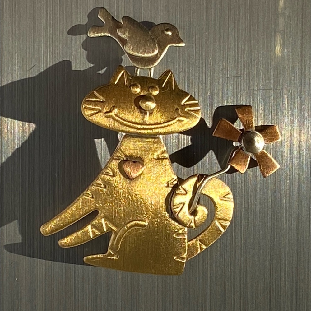 Cat Bird Figure Tri-tone Artisan Brooch Pin